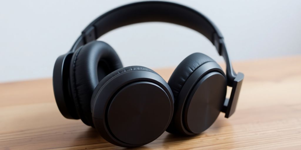 Moderne Over-Ear Bluetooth-Kopfhörer auf einem Holztisch.
