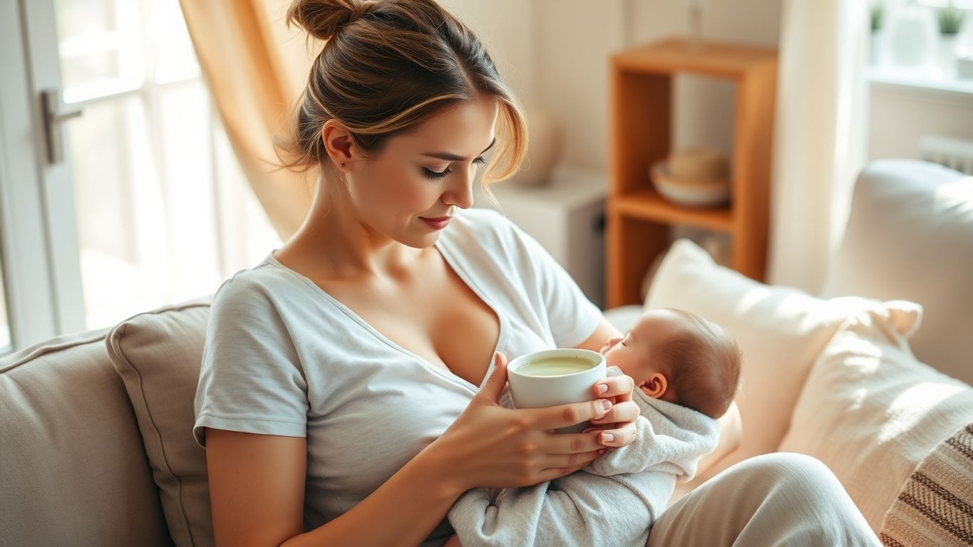 Mother breastfeeding with matcha tea in hand