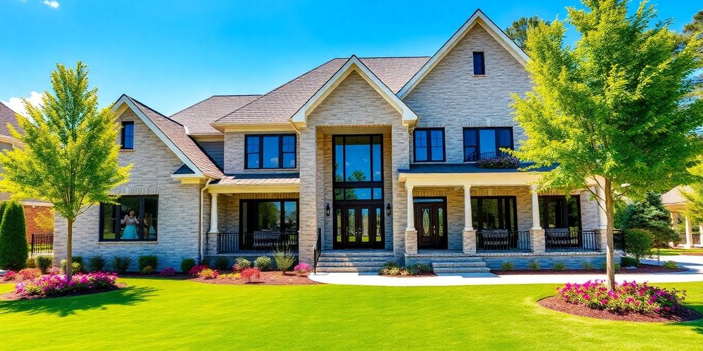 Elegant custom home exterior with lush landscaping.