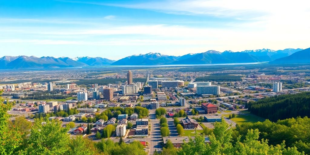Panoramic view of Anchorage, Alaska, with mountains and city.