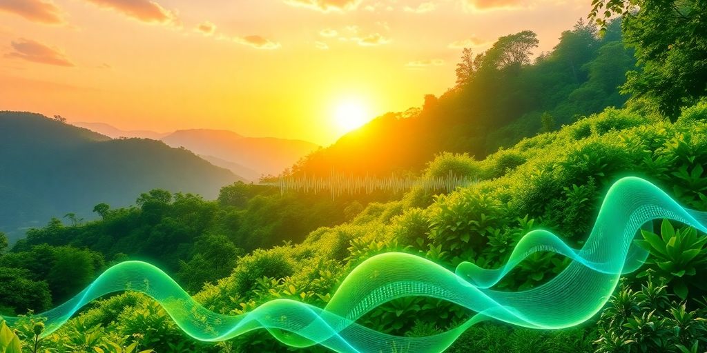 Vibrant landscape with soundwave patterns and golden sunrise.
