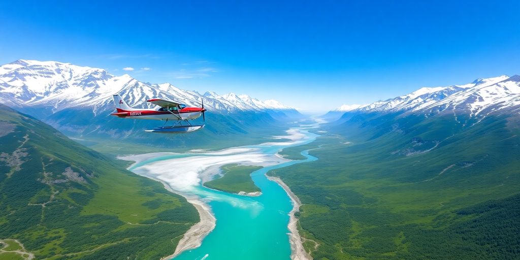 An aerial view of a floatplane over an Alaskan river.