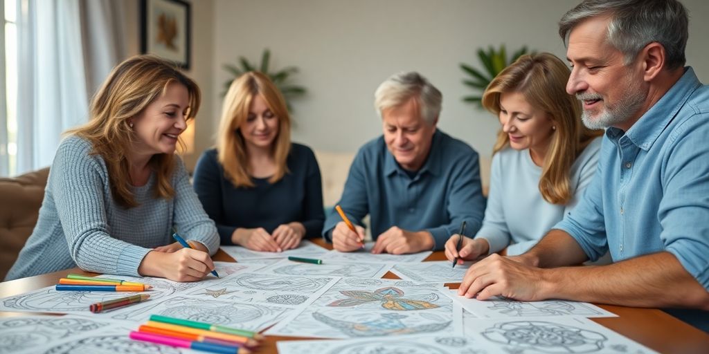 Adults coloring together in a calm, cozy setting.