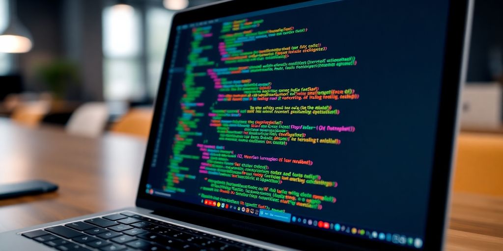 Laptop with HTML and CSS code on the screen.