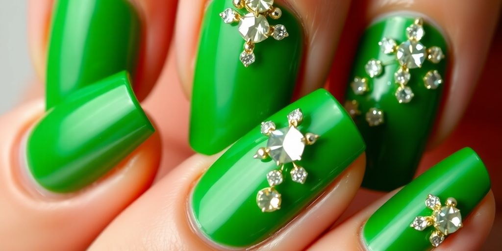 Unhas verdes decoradas com acessórios brilhantes.