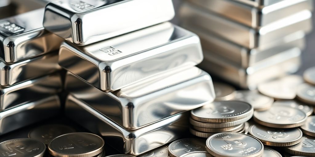 Lingots d'argent brillant empilés avec des pièces d'argent.