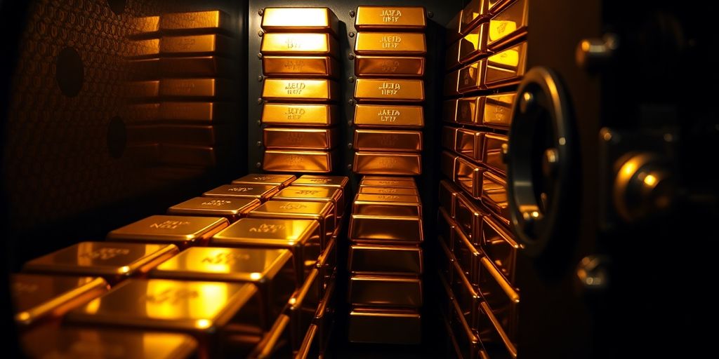 Lingots d'or brillants empilés dans un coffre-fort bancaire.