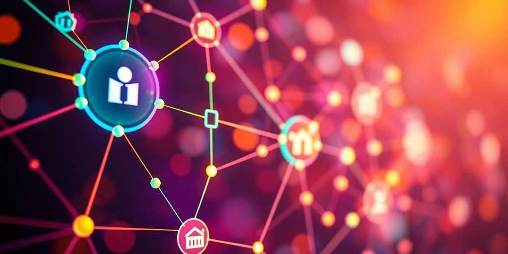 Blockchain nodes connecting with digital marketing elements.