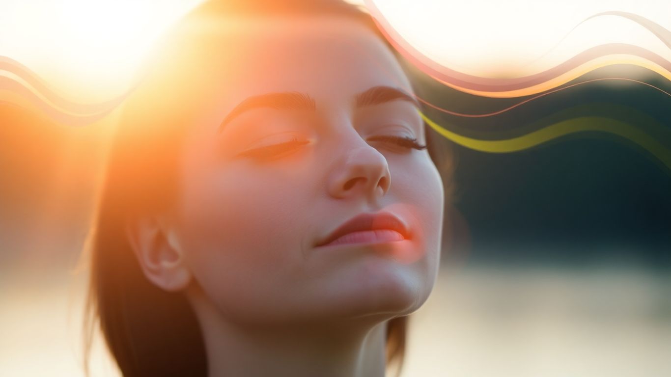 Person relaxing with peaceful, colorful waves emanating from head.