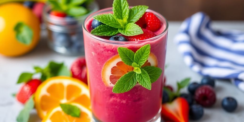 Brightly colored anti-inflammatory smoothie with fresh fruit and greens.