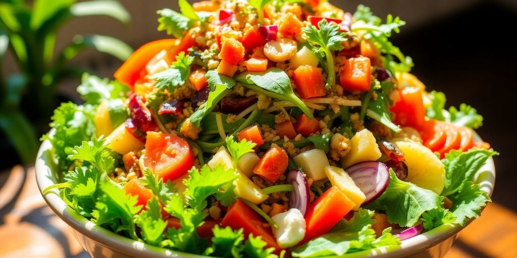 Colorful and fresh salad bowl with diverse healthy ingredients.