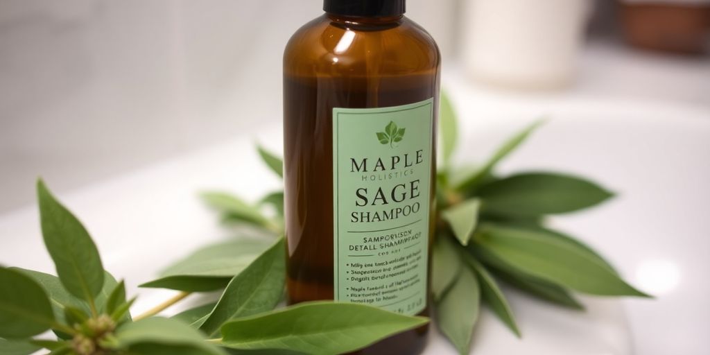 Bottle of Maple Holistics Sage Shampoo with sage leaves.