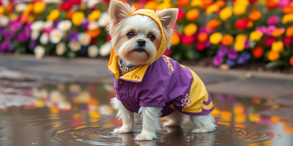 Small dog in stylish lightweight raincoat by flowers.