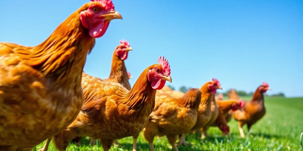 Healthy meat chickens pecking in a sunny outdoor setting.
