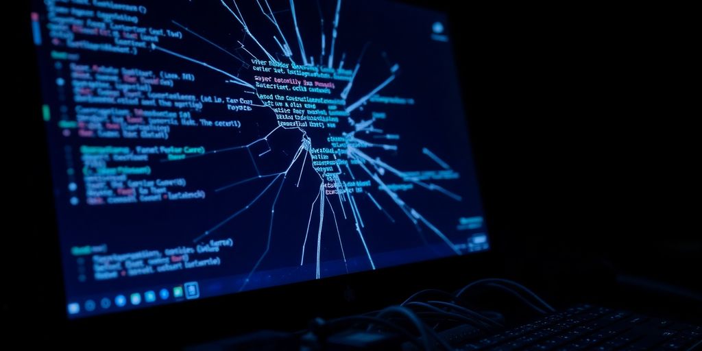 Broken computer screen with digital glitches and circuit boards.