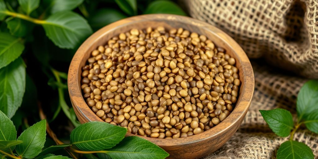 Chia seeds in a wooden bowl with green leaves
