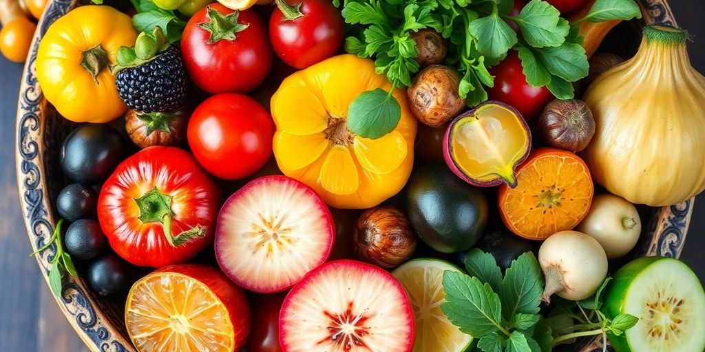 Diverse colorful foods in a vibrant bowl.