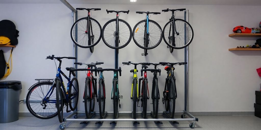 Bikes stored on a compact and sleek bike rack.