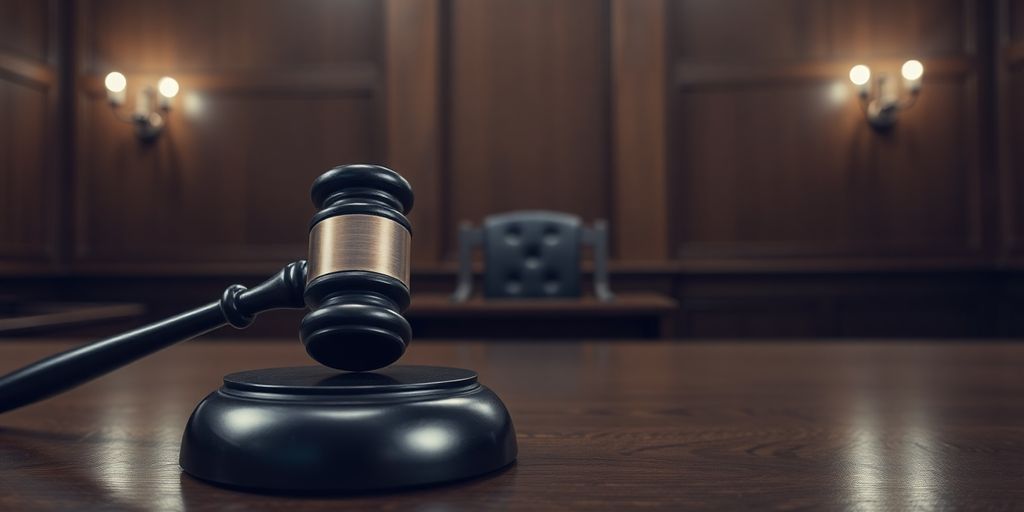 Courtroom gavel with somber lighting and empty chair.