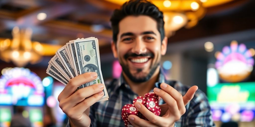 Man smiling, holding casino chips and cash.