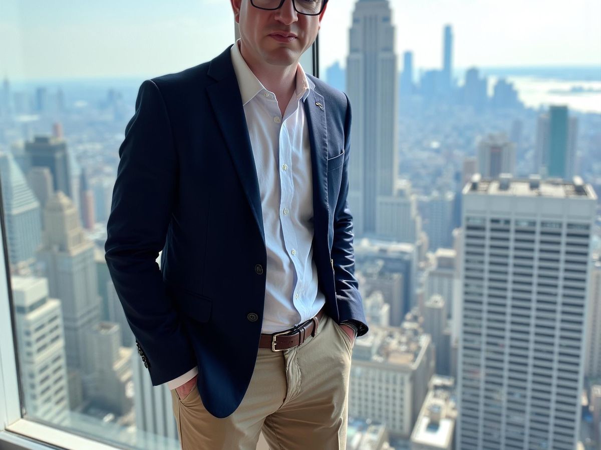 Person standing by a large window with a city view.