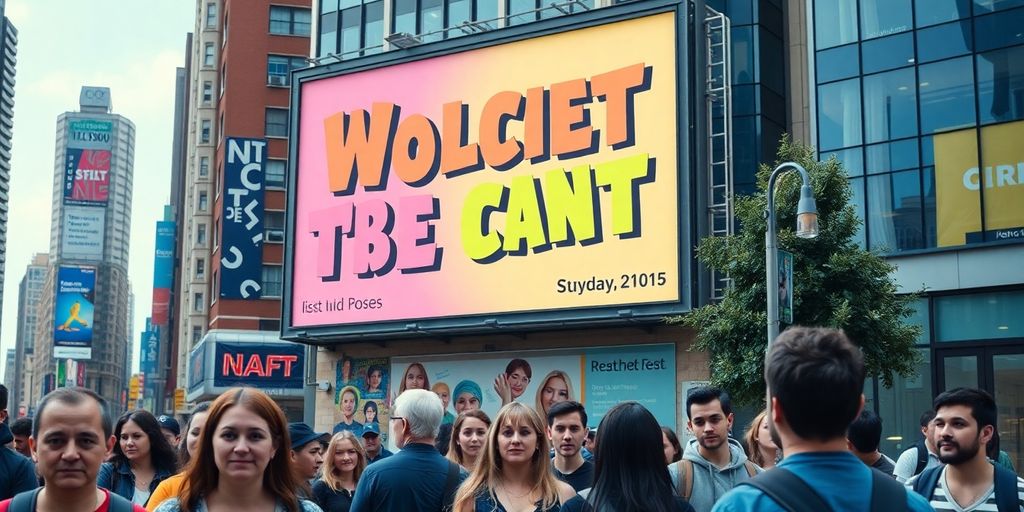 Colorful billboard with playful graphics in a lively city.