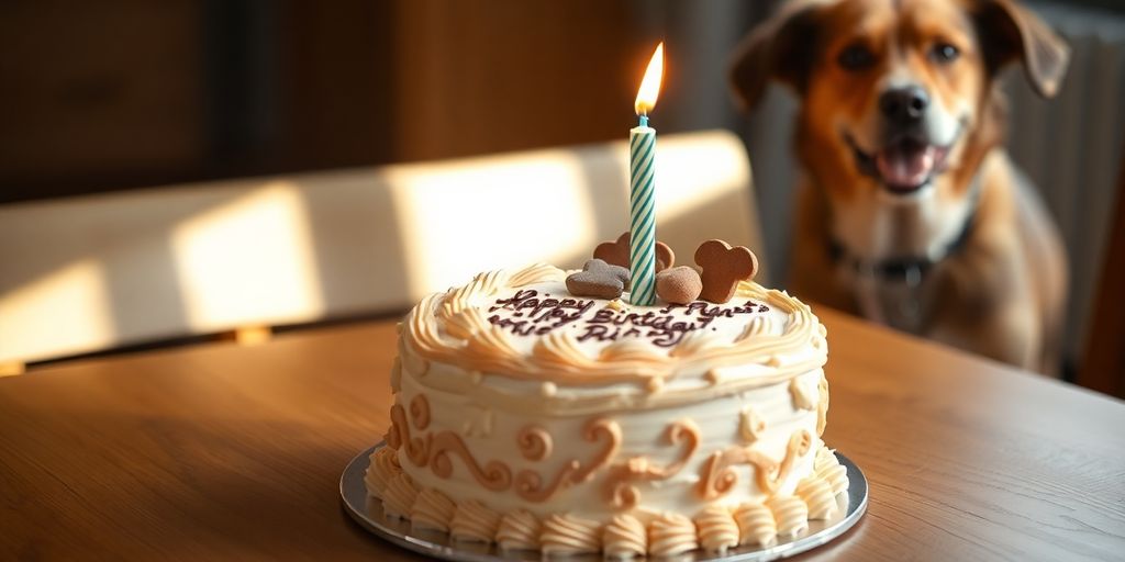 Dog birthday cake with frosting and a lit candle.