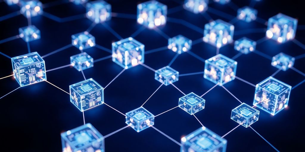 Interconnected digital blocks with glowing lines.