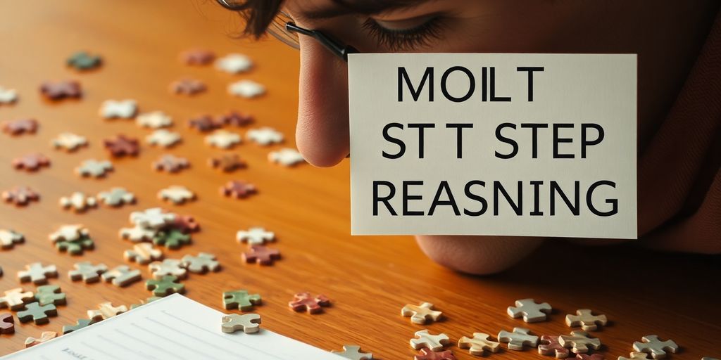 Person thinking with puzzle pieces and notepad around.
