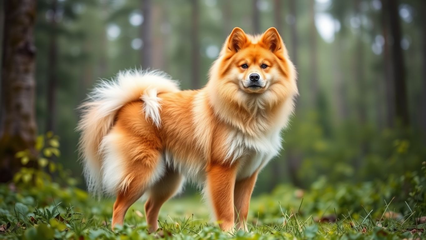 Finnish Spitz in a green forest, showcasing its golden fur.