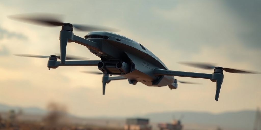 Drone futuriste survolant un champ de bataille dramatique.