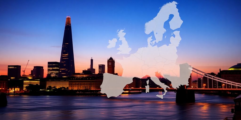 London skyline with a subtle European map overlay.