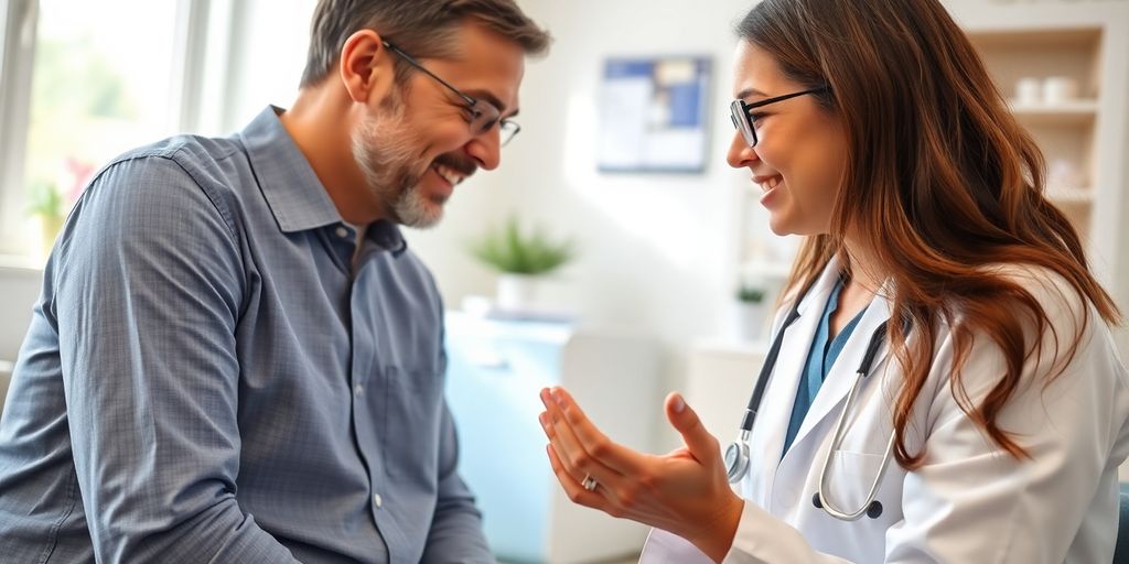 Patient und Arzt im hellen medizinischen Raum.
