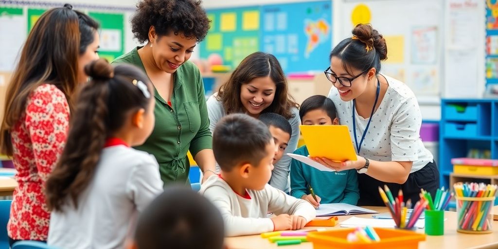 Lehrer und Schulbegleiter arbeiten zusammen im Klassenzimmer.
