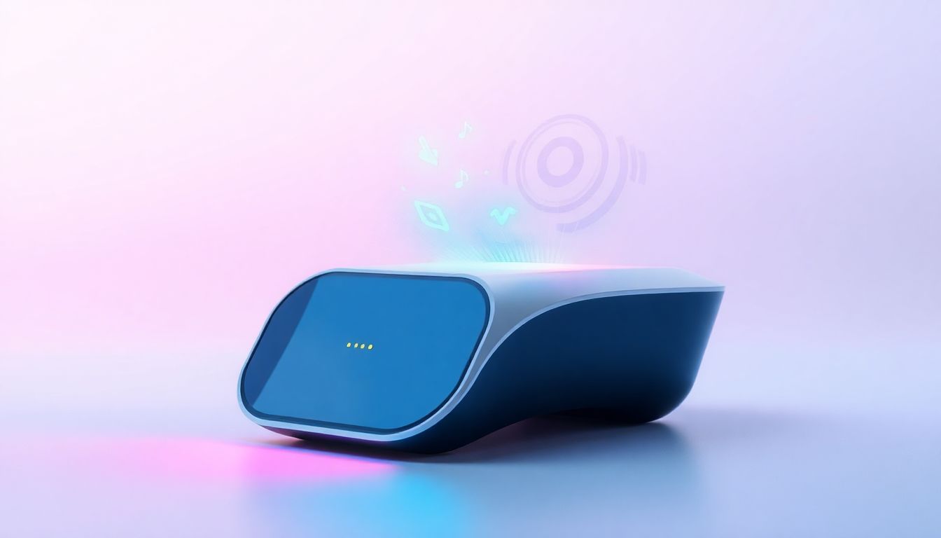 Futuristic voice recognition device with colorful sound waves.