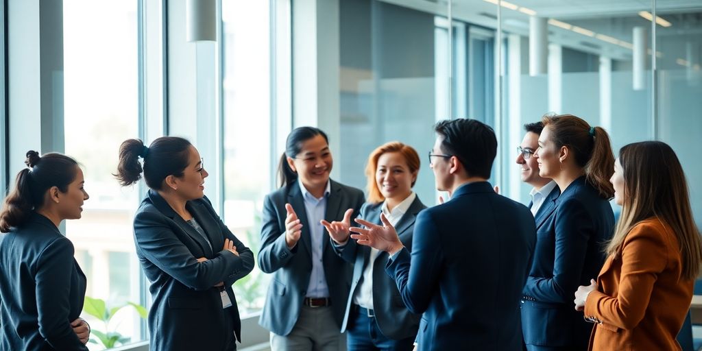Diverse professionals collaborating in a modern office space.