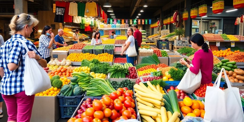 Bunte Obst- und Gemüsestände mit einkaufenden Menschen.