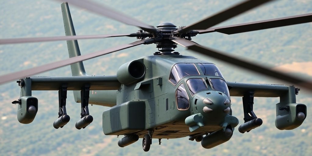 A Russian Ka-52 Alligator helicopter with its coaxial rotors.