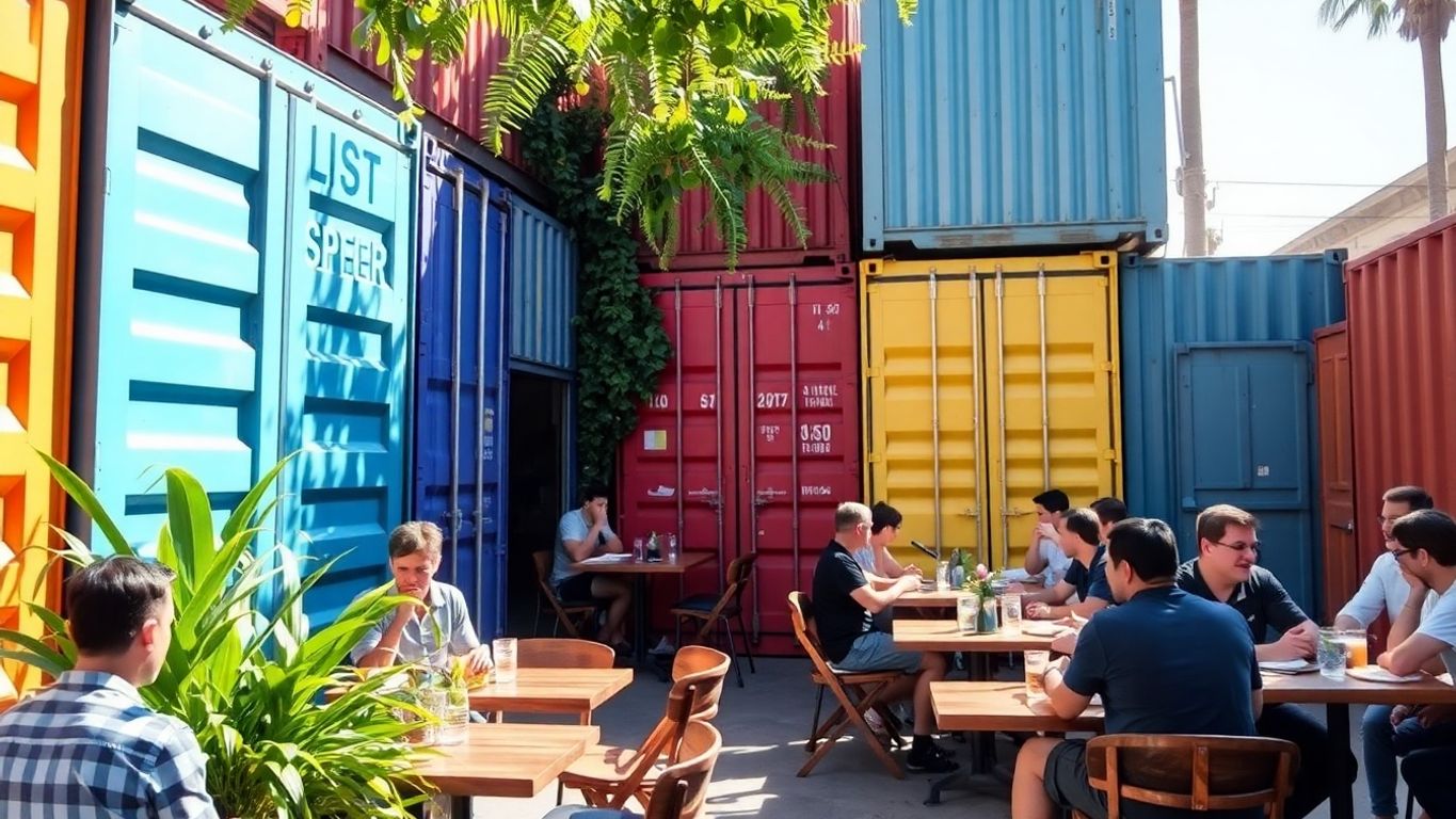Restaurant patio made from shipping containers.