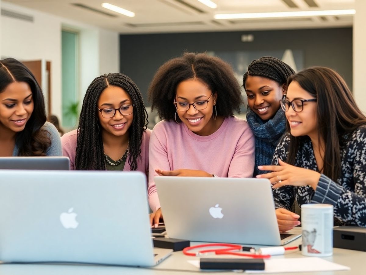 Diverse women collaborating in technology at DeVry University.