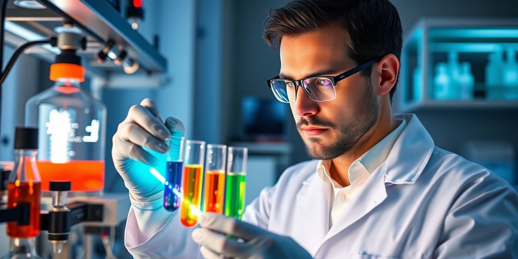 Scientist analyzing a glowing test tube in a lab.