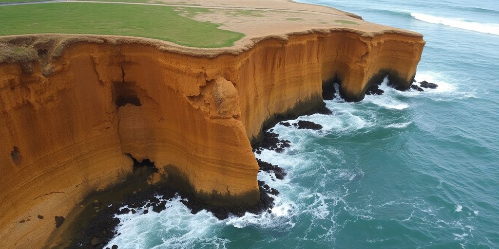Rivage érodé par les vagues, falaise découpée.