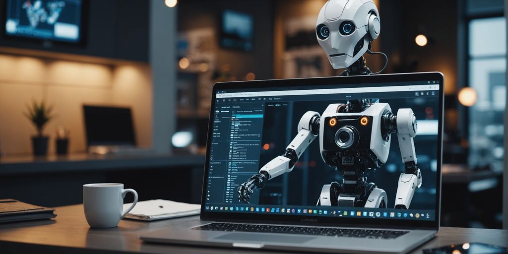 AI robot coding on a laptop with web elements around.