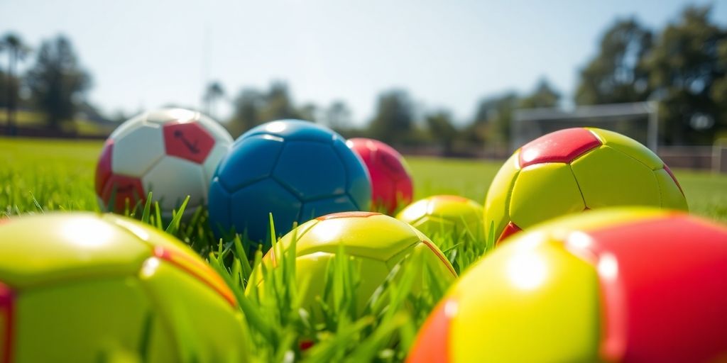 Shiny soccer balls on a green, sunlit field.