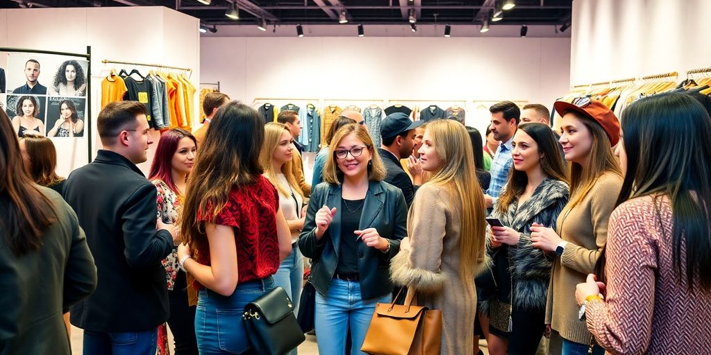 Group of stylish individuals networking at a fashion event.