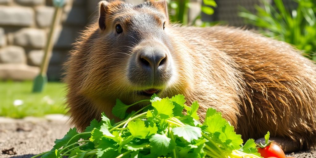 Happy capybara eating fresh greens in sunlight.