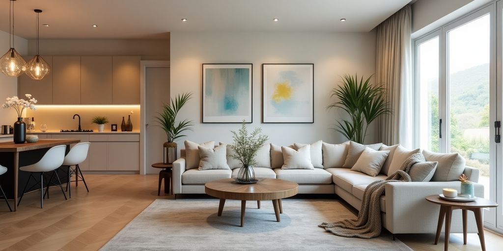Modern living room with stylish decor and warm lighting.