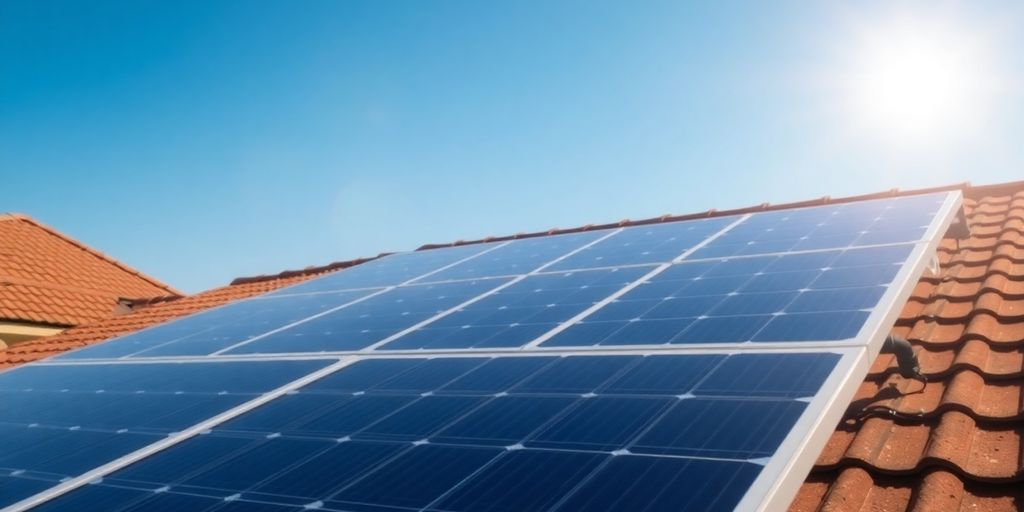 Sun shining on a residential rooftop solar panel array.