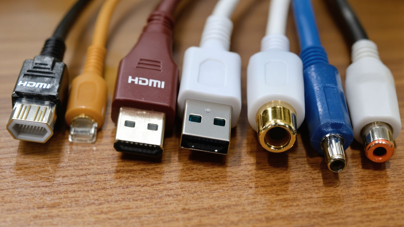 Assorted cables with different connectors on wooden surface.