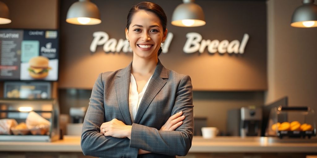 Person smiling at Panera counter.